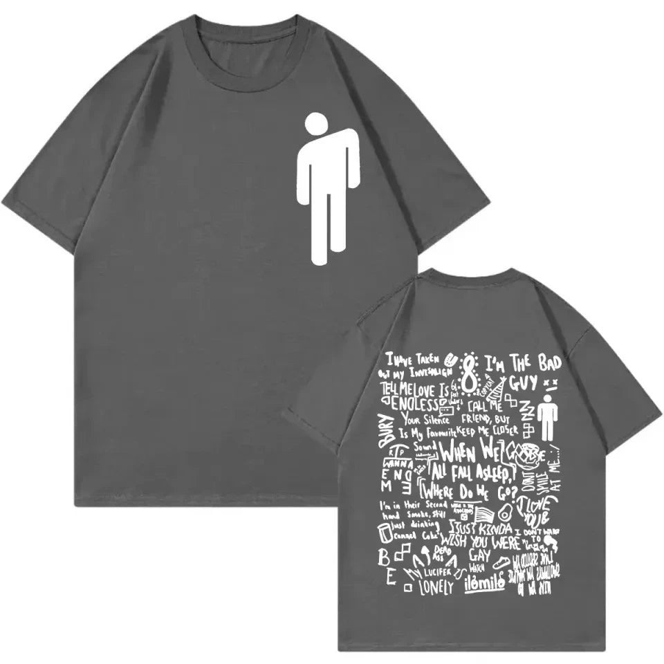 Crew Neck T - Shirt with Billie Eilish Icon Lyric Collage Creative - Inspired Graphic Featuring Pop Art for Fans Billie Eilish