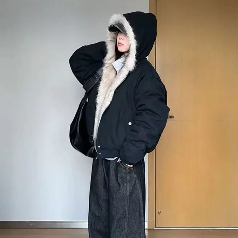 Autumn Winter Warm Plus Velvet Jacket Women American Vintage Hooded Short Outwear Female Casual Loose Plush Neck Cotton Coat
