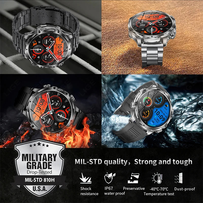 Military Steel Smart Watch Men Flashlight 1.9 Inch Outdoor 700mAh Sports Fitness Watch Bluetooth Call Smartwatch for Android iOS