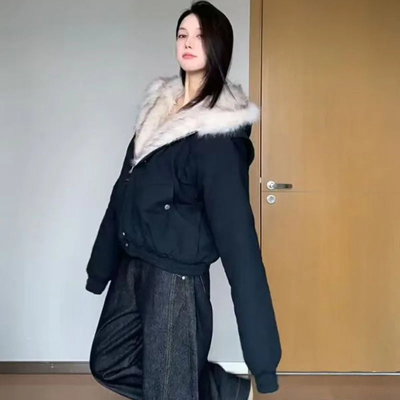 Autumn Winter Warm Plus Velvet Jacket Women American Vintage Hooded Short Outwear Female Casual Loose Plush Neck Cotton Coat