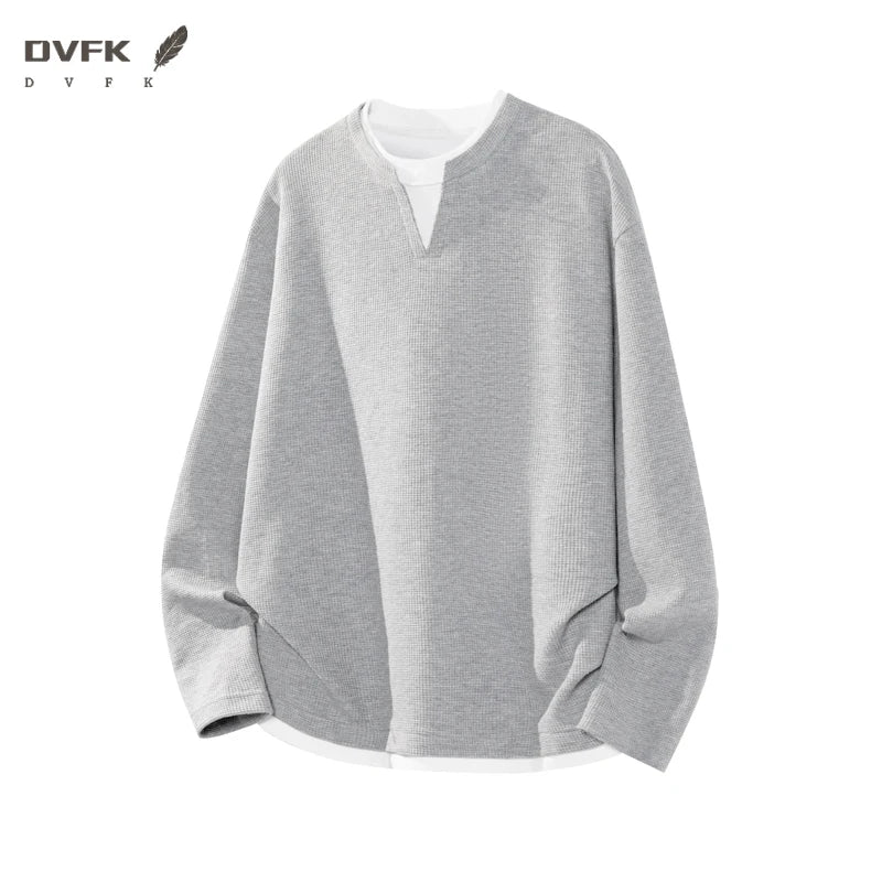 Mens Waffle Texture Long Sleeve Tee Fake Layer V Neck Design Loose Lightweight Streetwear Blouse