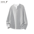 Mens Waffle Texture Long Sleeve Tee Fake Layer V Neck Design Loose Lightweight Streetwear Blouse