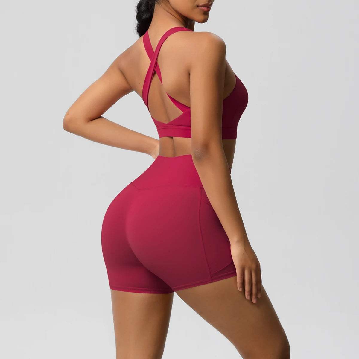 2PCS Sportswear With Pocketed Yoga Set Gym Clothes Yoga Suits For Women Tracksuits Sports Shorts Crossover Bra Gym Leggings