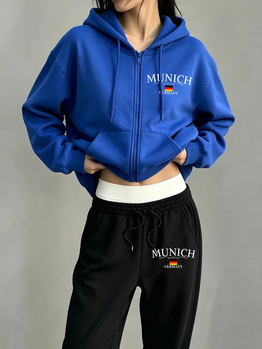2Pcs Zipper Hoodies Set Womens Munich Germany Printed Sweatpantswinter Pocket Oversized Pants Hoody Sporty Fleece Warm Clothes