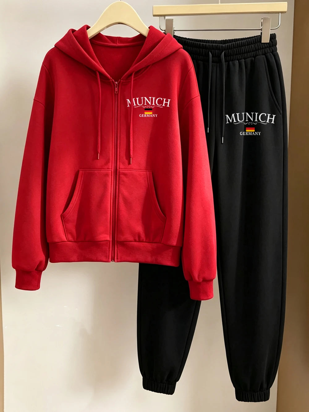 2Pcs Zipper Hoodies Set Womens Munich Germany Printed Sweatpantswinter Pocket Oversized Pants Hoody Sporty Fleece Warm Clothes