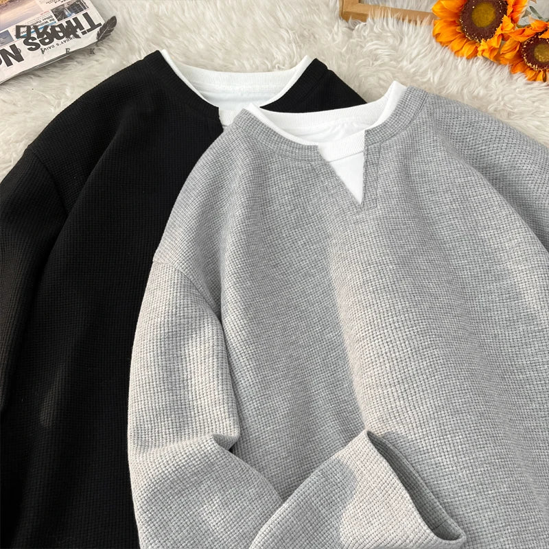 Mens Waffle Texture Long Sleeve Tee Fake Layer V Neck Design Loose Lightweight Streetwear Blouse