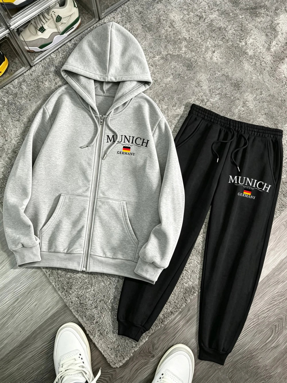 2Pcs Zipper Hoodies Set Womens Munich Germany Printed Sweatpantswinter Pocket Oversized Pants Hoody Sporty Fleece Warm Clothes