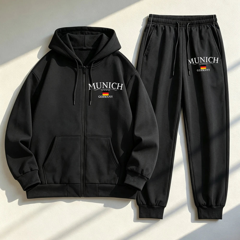 2Pcs Zipper Hoodies Set Womens Munich Germany Printed Sweatpantswinter Pocket Oversized Pants Hoody Sporty Fleece Warm Clothes