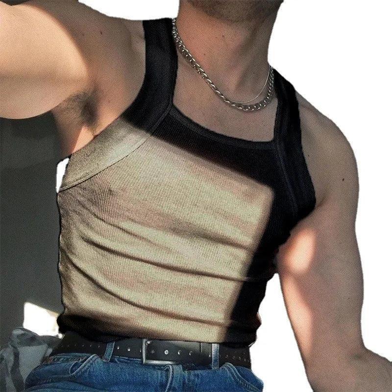 Tank Top Men Summer New Fashion Sleeveless Square Neck Spliced Solid Color Ropa Para Hombre Gym Clothing Men