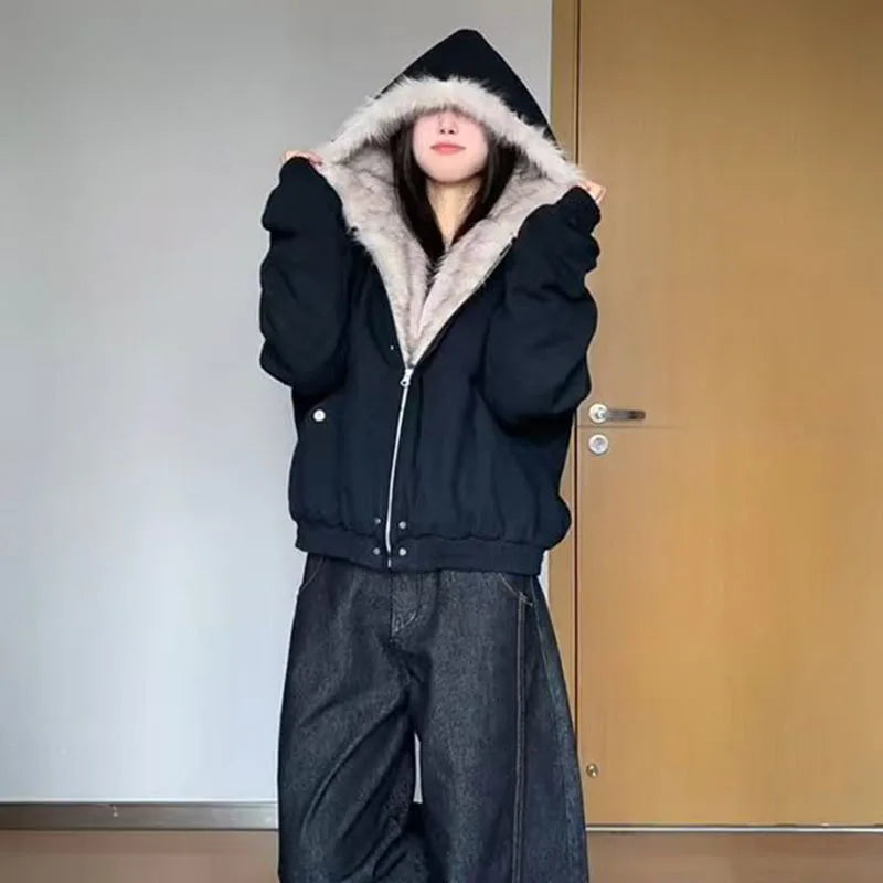 Autumn Winter Warm Plus Velvet Jacket Women American Vintage Hooded Short Outwear Female Casual Loose Plush Neck Cotton Coat
