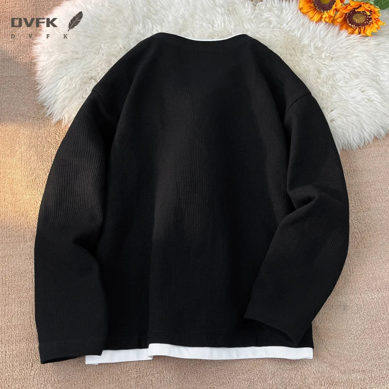 Mens Waffle Texture Long Sleeve Tee Fake Layer V Neck Design Loose Lightweight Streetwear Blouse