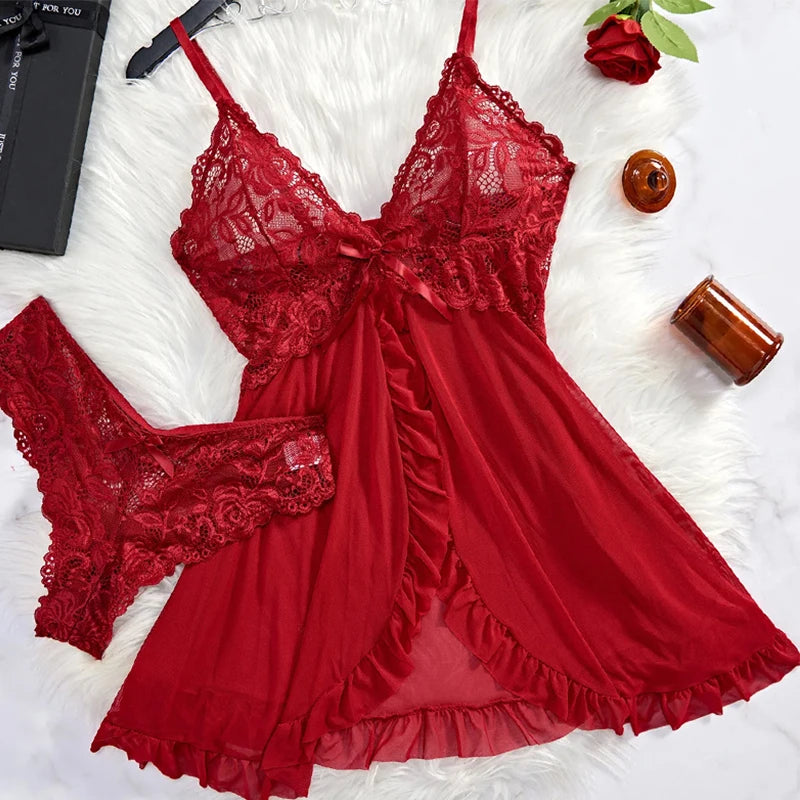 2 Pcs Lace Nightgown Women Deep V Neck Bra Panties Set Transparent Underwear Solid Slim Soft Split Nightdress Sexy Lingerie Sets