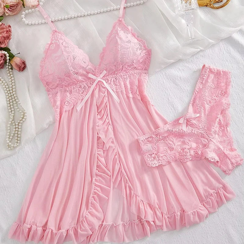 2 Pcs Lace Nightgown Women Deep V Neck Bra Panties Set Transparent Underwear Solid Slim Soft Split Nightdress Sexy Lingerie Sets