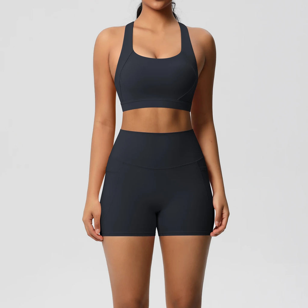 2PCS Sportswear With Pocketed Yoga Set Gym Clothes Yoga Suits For Women Tracksuits Sports Shorts Crossover Bra Gym Leggings