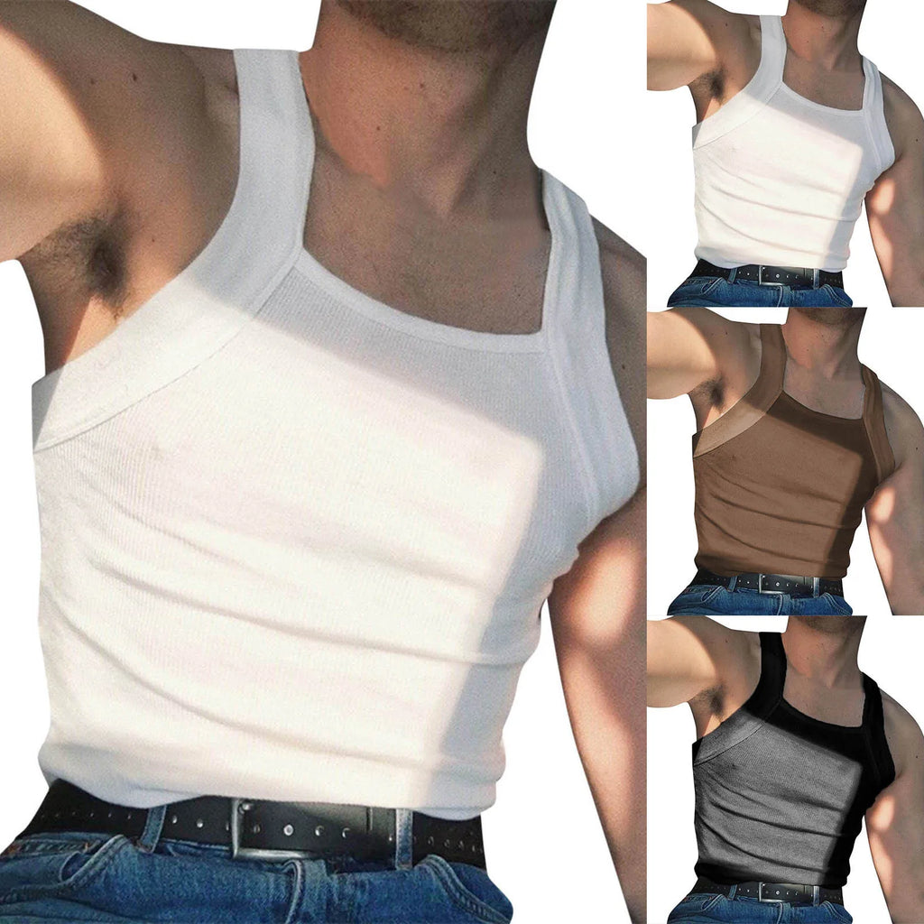 Tank Top Men Summer New Fashion Sleeveless Square Neck Spliced Solid Color Ropa Para Hombre Gym Clothing Men