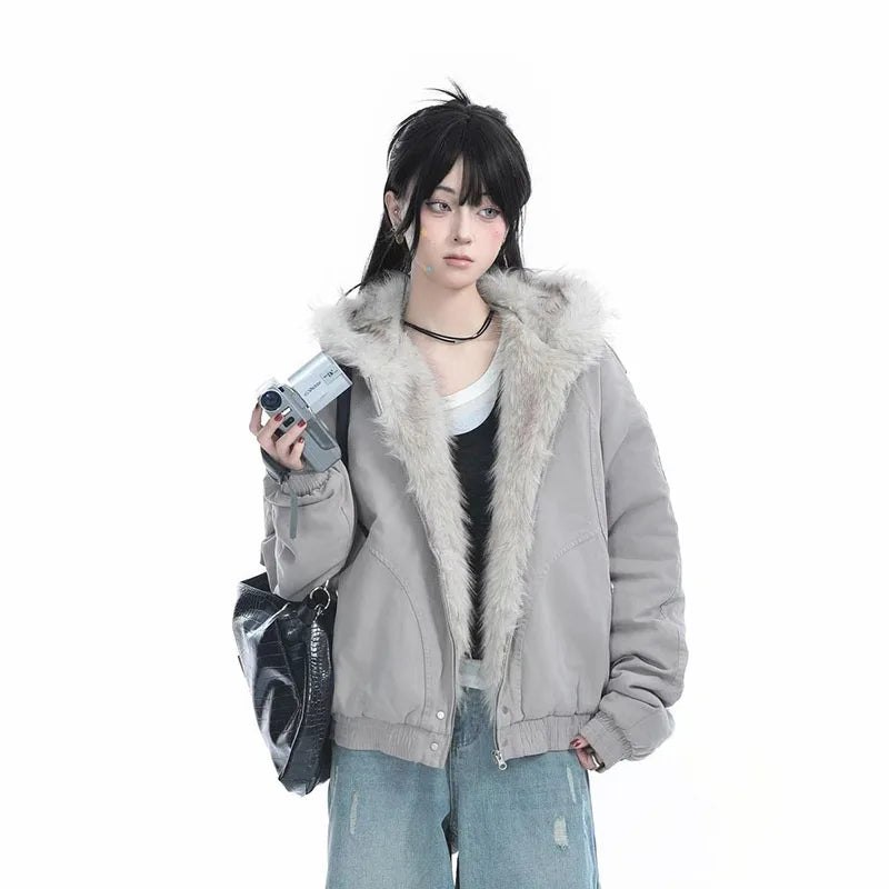 Autumn Winter Warm Plus Velvet Jacket Women American Vintage Hooded Short Outwear Female Casual Loose Plush Neck Cotton Coat