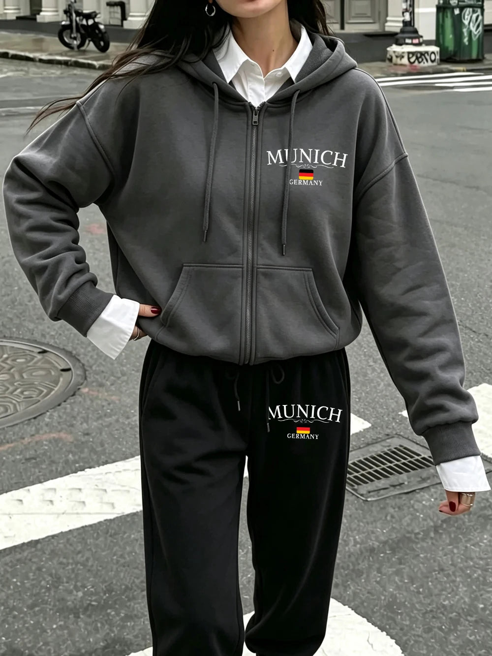 2Pcs Zipper Hoodies Set Womens Munich Germany Printed Sweatpantswinter Pocket Oversized Pants Hoody Sporty Fleece Warm Clothes